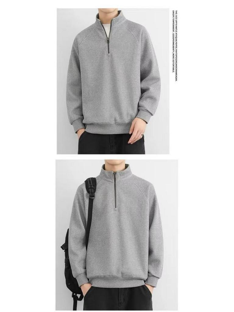 Men's American Style Half-Zip Stand Collar Knit Sweatshirt - Solid Color Casual Jacket for Spring and Autumn