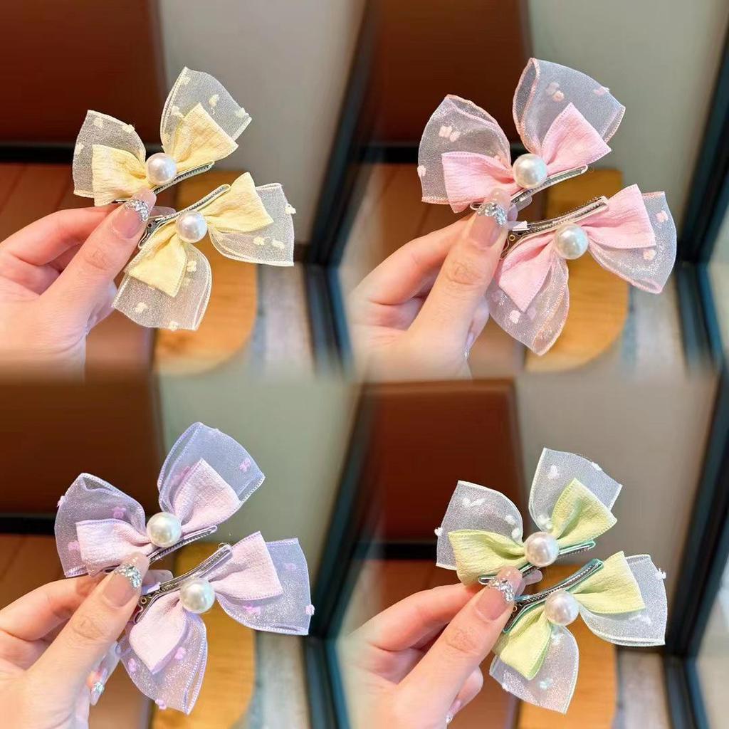 Korean Style Pearl Bow Mesh Hair Clips for Girls