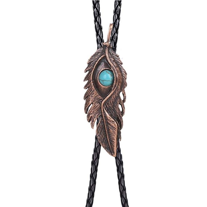 Metal Turquoise Bolo Tie Wing Pattern Feather Necktie for Shirt Jeans Western Necklace Braided Shoestring Necktie Bola-T