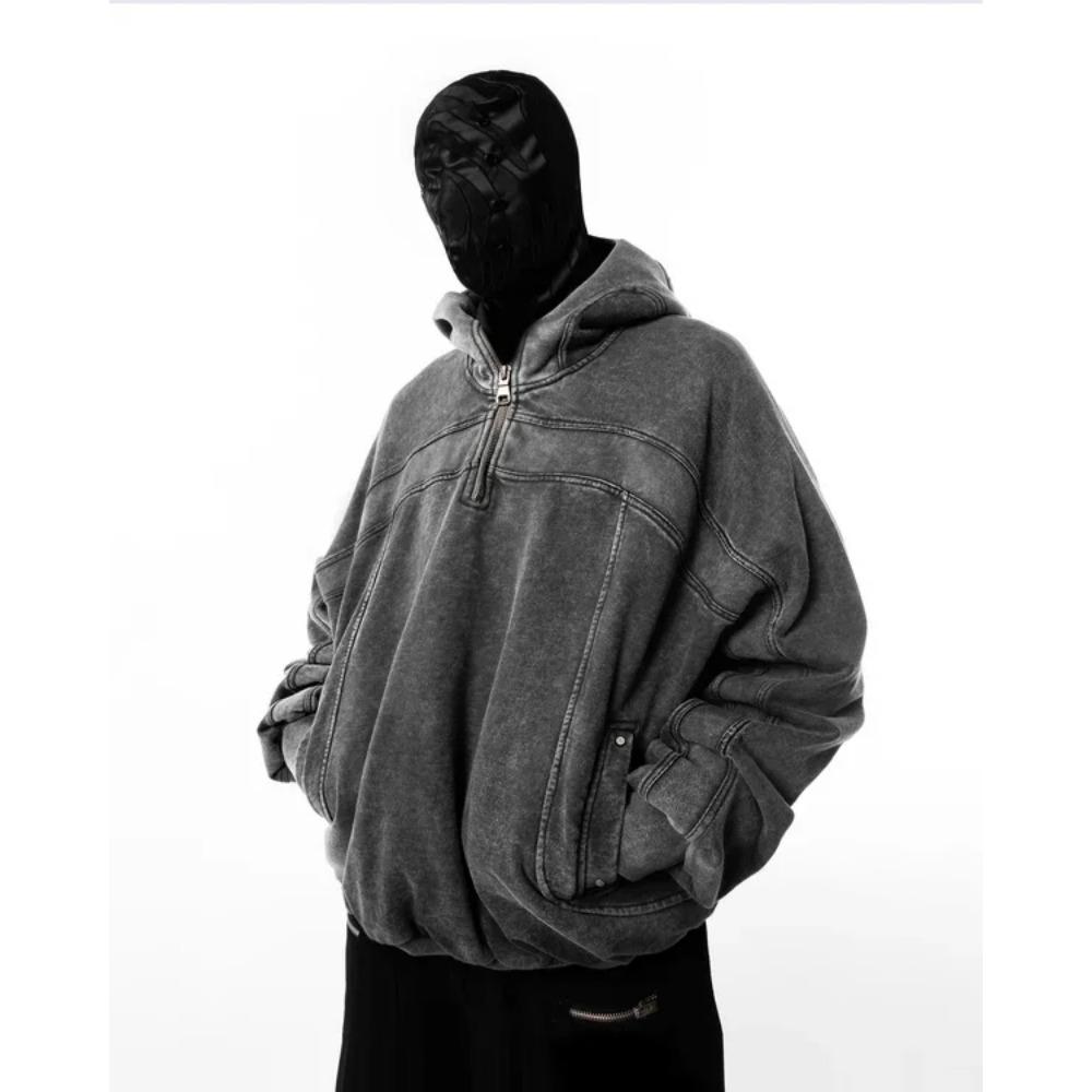RogueWave Classic Balaclava Hoodie Men Washed Gray Ninja Pullover Sweatshirt Hip Hop Splicing Y2k Vintage Winter Streetwear Couple Tops