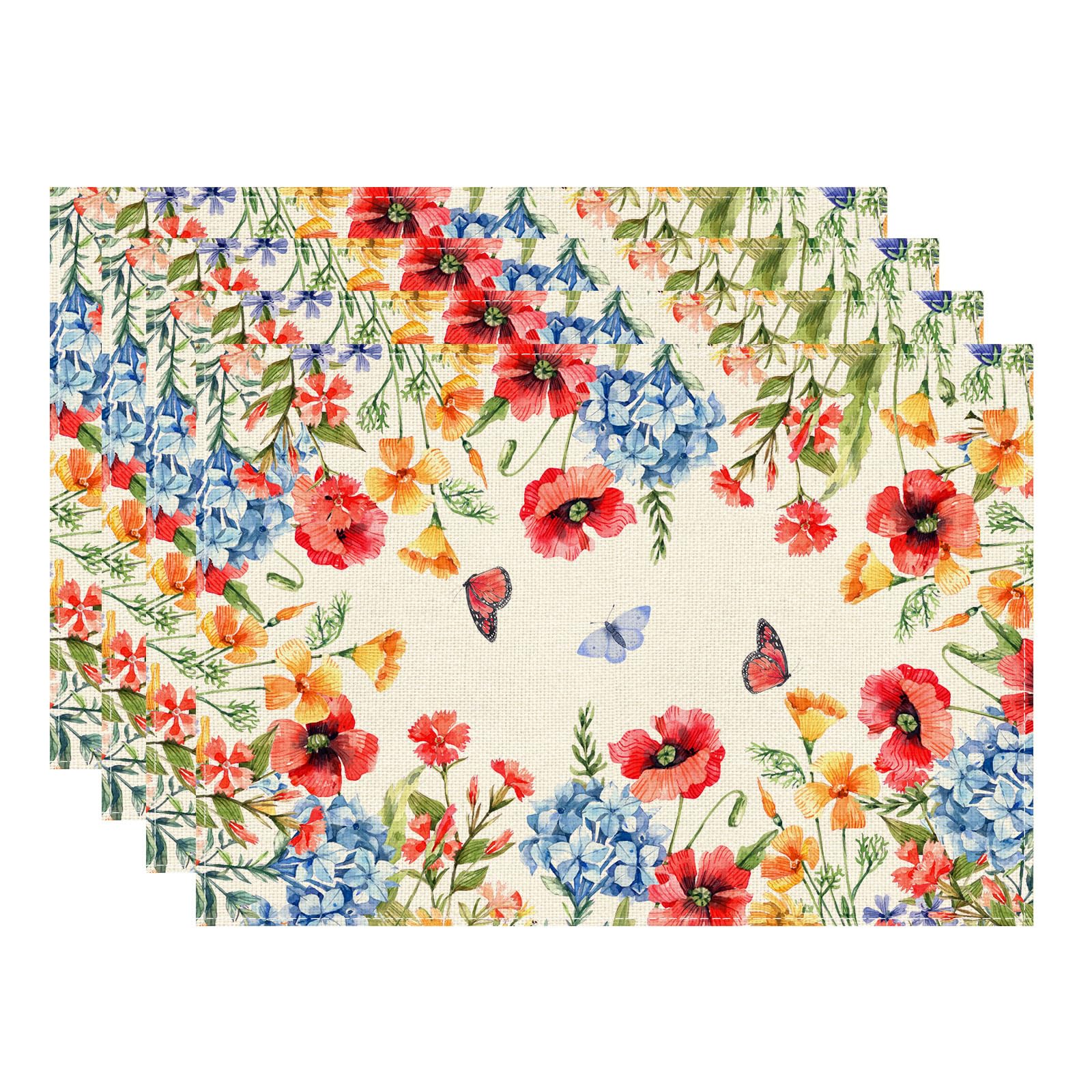 

Watercolor Colorful Wildflowers Butterfly Spring Placemats Set of 4 Summer Table Mats for Party Home Kitchen Dining Table Decorations 12x18 Inch Placemats Set of 4 （12x18 Inch）