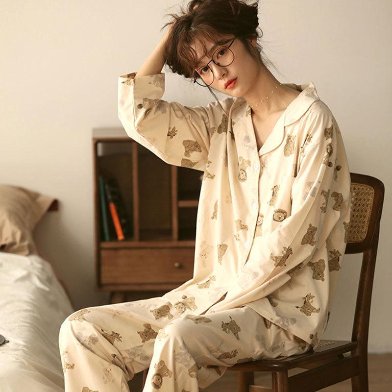 "Cute Dog Dachshund" ins cartoon spring and autumn striped pajamas women's cardigan long-sleeved loungewear autumn and winter suit