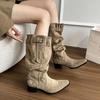 Long Boot Women's New Pointed-toe Boots Women's Thick Heel Pleated Shoes