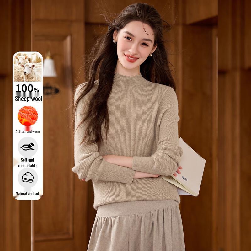 Bailuyu Women's 100% Merino Wool Stand-Up Collar Knit Sweater
