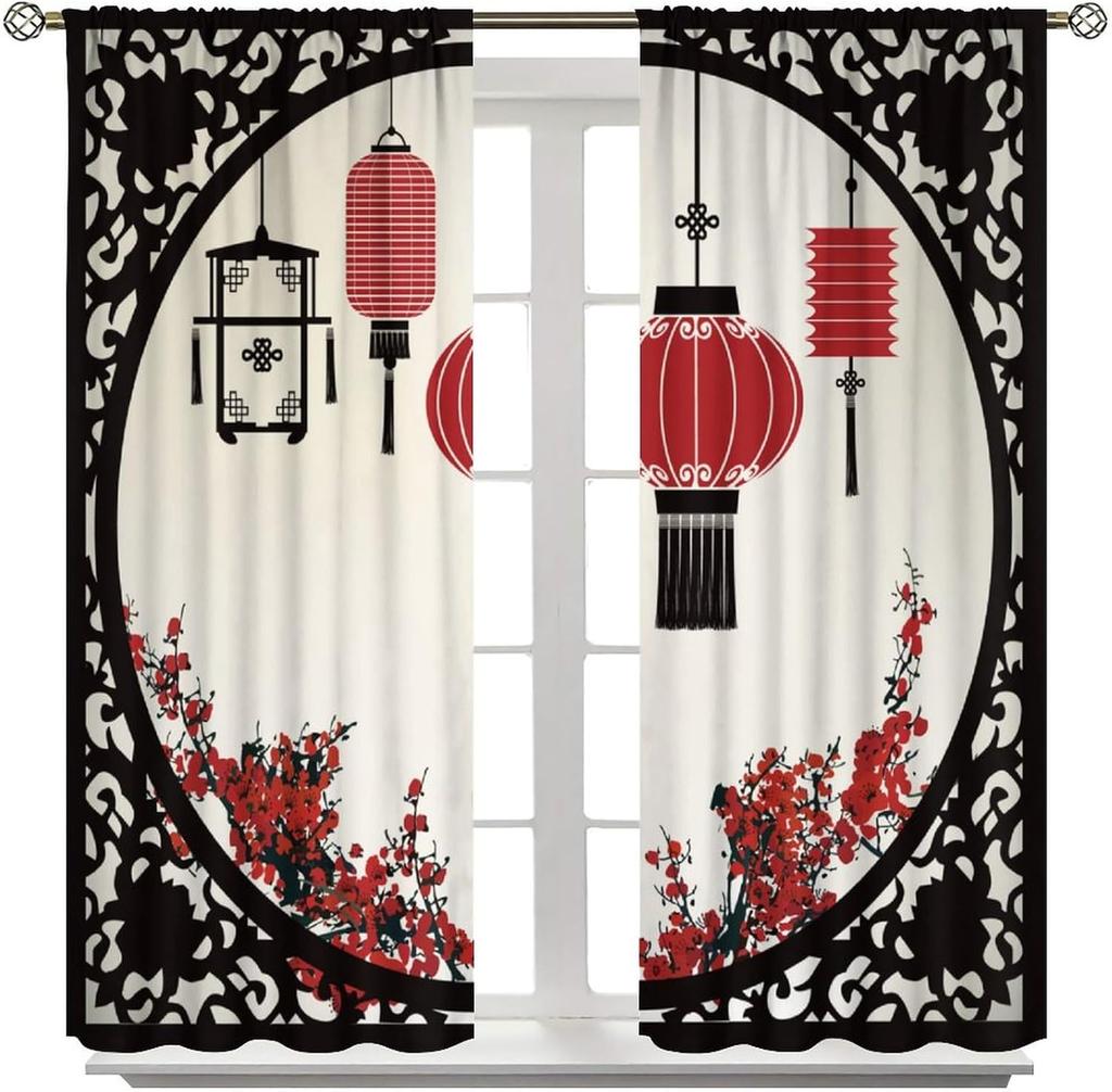 Asian Curtains   Vintage Red Plum Blossom Cherry Blossom Chinese Traditional Court Lanterns Window Treatments Drapes for Girls Li
