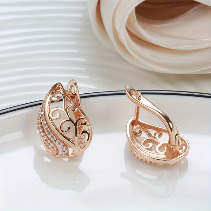 Elegant Exquisite Synthetic Zirconia Teardrop-shaped Hollow Hoop Earrings Women  Hand Carved Golden Plated Jewelry Crafts