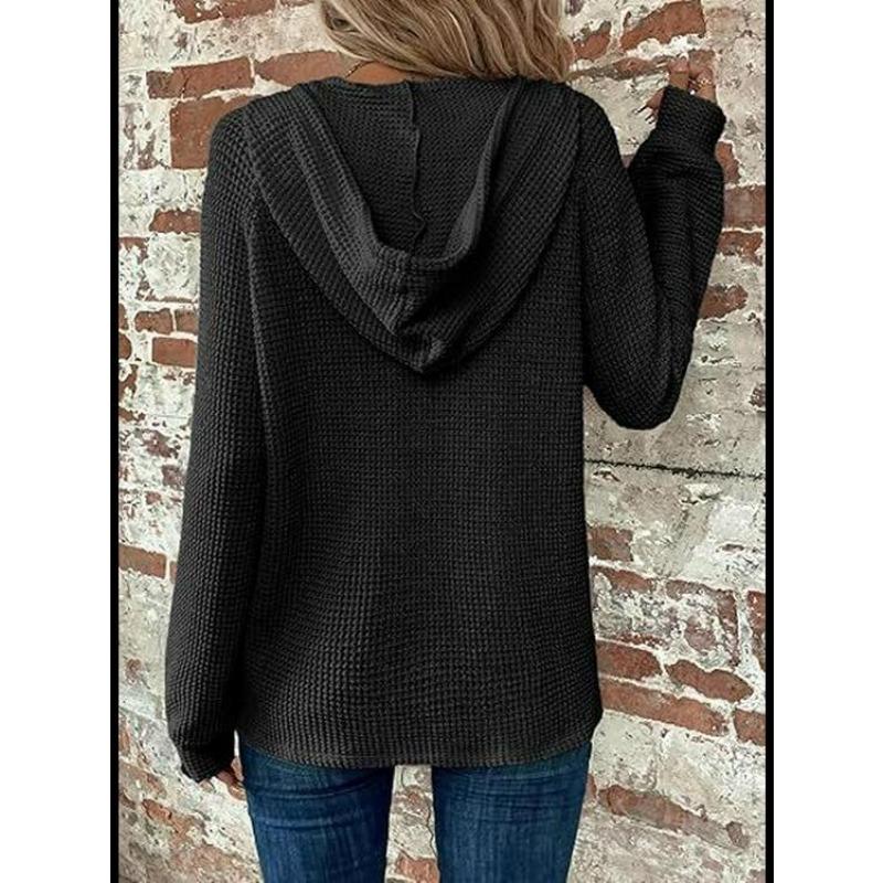 Damen-Kapuzenpullover mit V-Ausschnitt, Waffelstrick, Kordelzug und Knopfleiste, langärmelig
