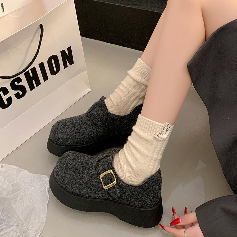 Fashion Women's Slope Heel Single Shoes Winter New Round Head Deep Mouth Suede Anti-slip Wear-resistant Low-top Shoes