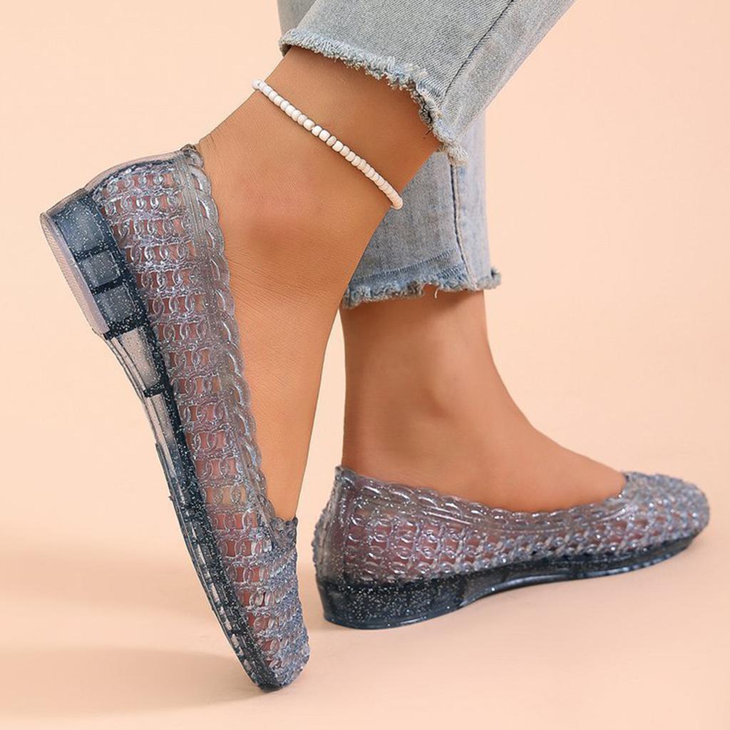 Women's Transparent Jelly Flat Shoes Slip On Lightweight Comfortable Casual Summer Footwear with Textured Pattern and Low Heel