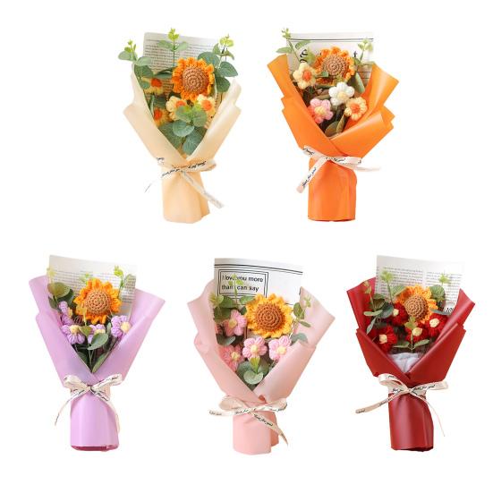 Háčkovaná Kytice Květin s LED Světlem DIY Ručně Pletený Slunečnicový Ozdoba Příze Květinová Dekorace Dárek ke Dni Matek Narozeninám