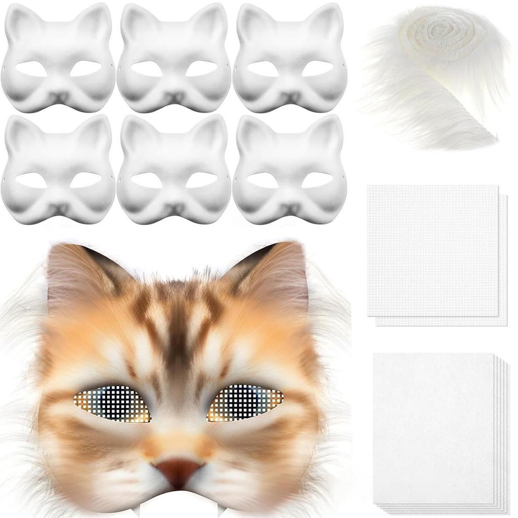 Lustiges Therianer Masken-Set Katzen Füchse Maske mit Fellen Augennetzen DIY Pelzige Tiermaske zum Bemalen für Halloween Cosplay Party