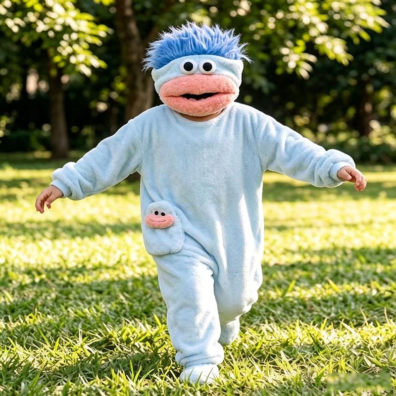 Pyjama Monstre à Grande Bouche pour Enfants Pyjama Drôle Doublé Polaire Corail Pyjama à Capuche Dessin Animé Nouveau pour Enfants