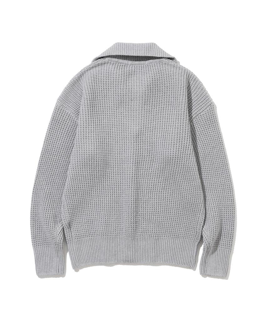 KNITTED Soft Cotton Heavy Waffle Half Zip Knit Melange Grey