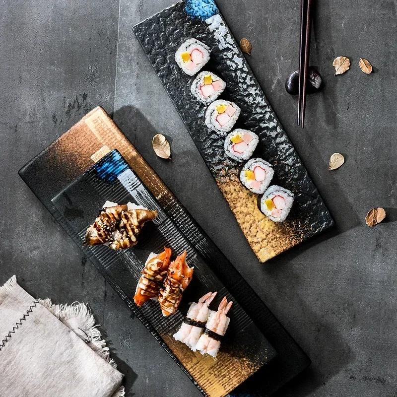 Keramikteller lang im japanischen Stil kreativ rechteckig Sushi-Teller-Set Teller Sashimi flacher Teller Restaurant gewerblich