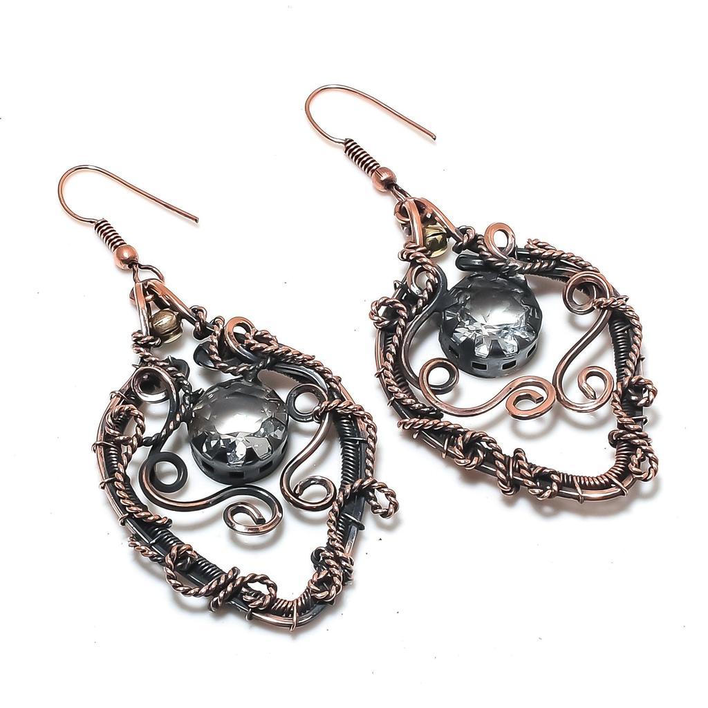 White Topaz 999 Copper Wire Wrapped Earrings, Handmade Gemstone Jewelry Earrings For Memorial Day