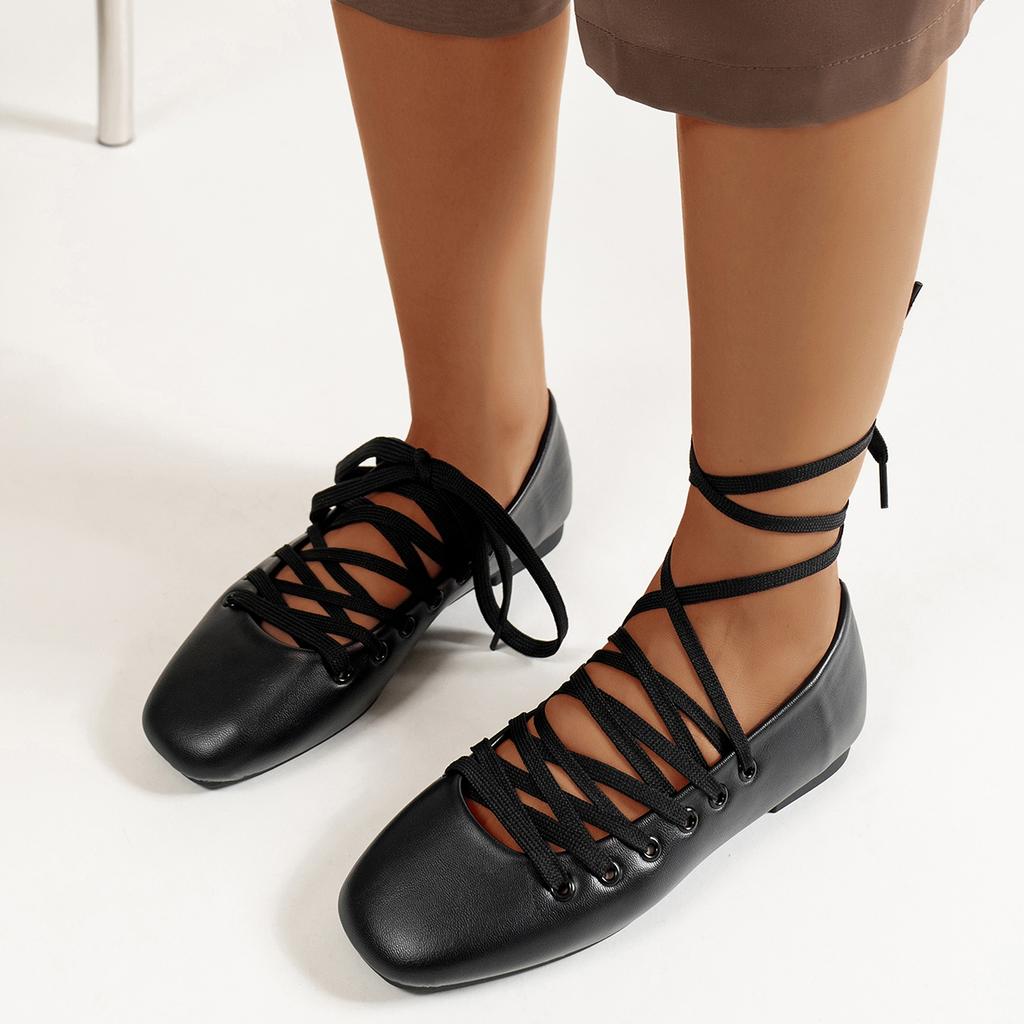 Fashion Outdoor Elegant Lightweight Lace Up Shoes Women Casual Ankle Strap Comfortable Square Toe Flats Loafers 2024 Shoes for Women