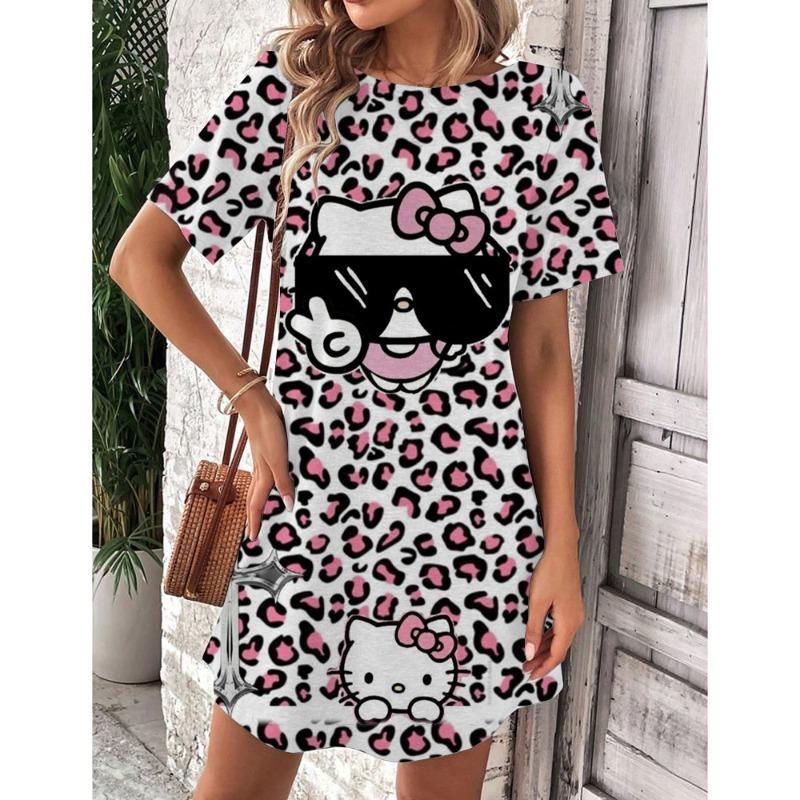 Mini Sukienka Elegancka Sukienka Damska Hello Kitty Okrągły Dekolt Krótki Rękaw Modna Lato 2025 Moda Seksowna
