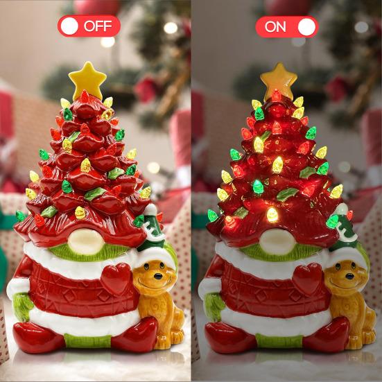 Yousheng 10 Inch Lighted Christmas Gnome Tree Resin Reindeer/Santa Dog Gnome Tree with LED Light for Home Office Fireplace Mantel Tabletop Decor