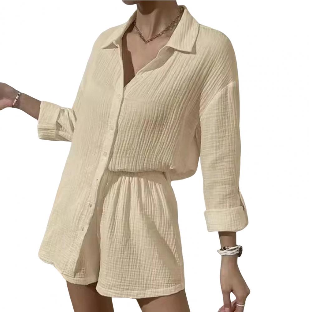 2 Teile/satz Frauen Hemd Shorts Set Einfarbig Lange Ärmel Revers Kragen Einreiher Bluse Hohe Taille Lose Über Knie Länge
