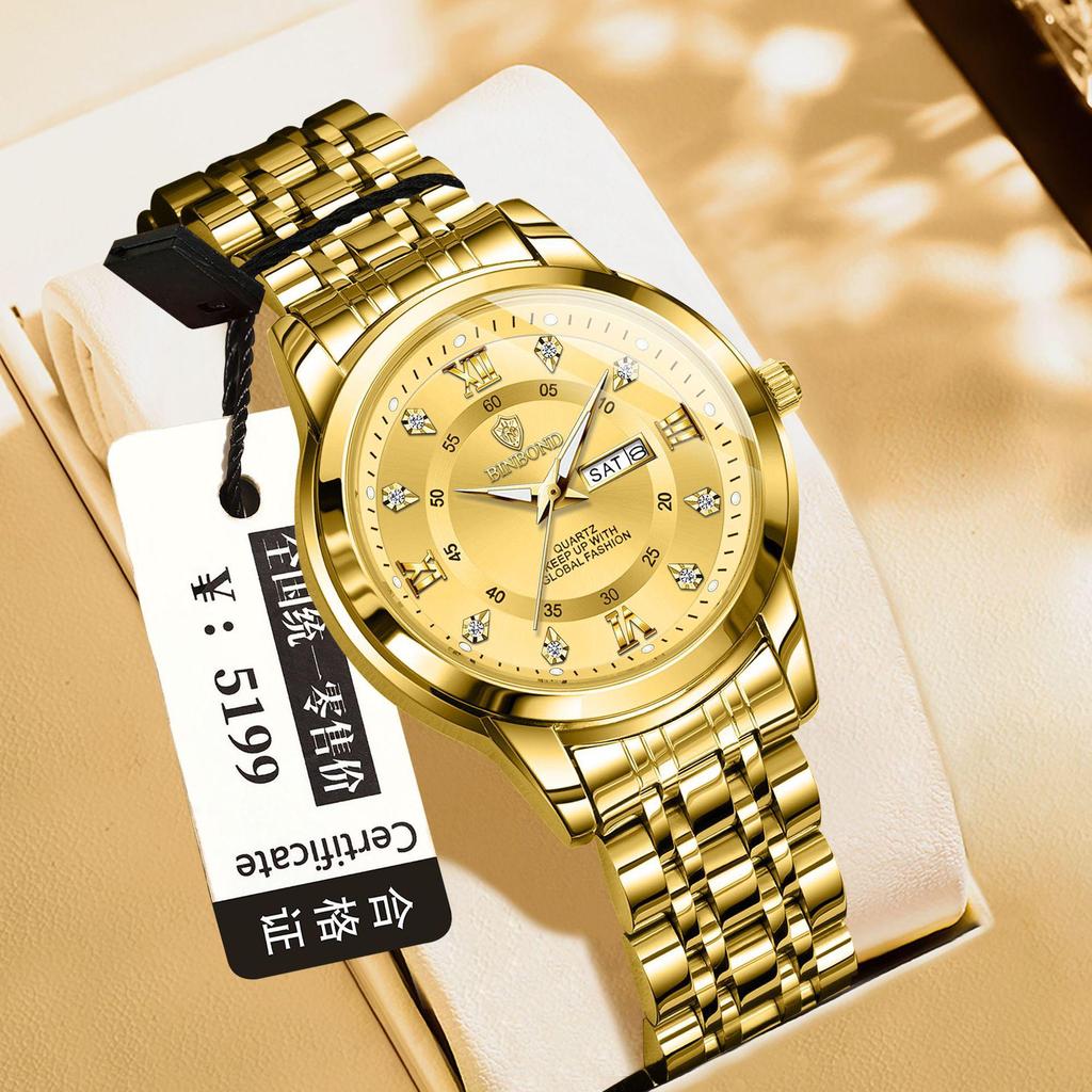 Binbang Men's Waterproof Quartz Watch with Luminous Dial, Rhinestone Accents, Dual Calendar, and Steel Strap.