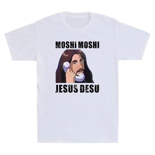 Moshi Moshi Jesus Desu Funny Jesus Call Emoji Humorous Quotes Personality Funny Humor Street Fashion Retro Men T Shirt Tops