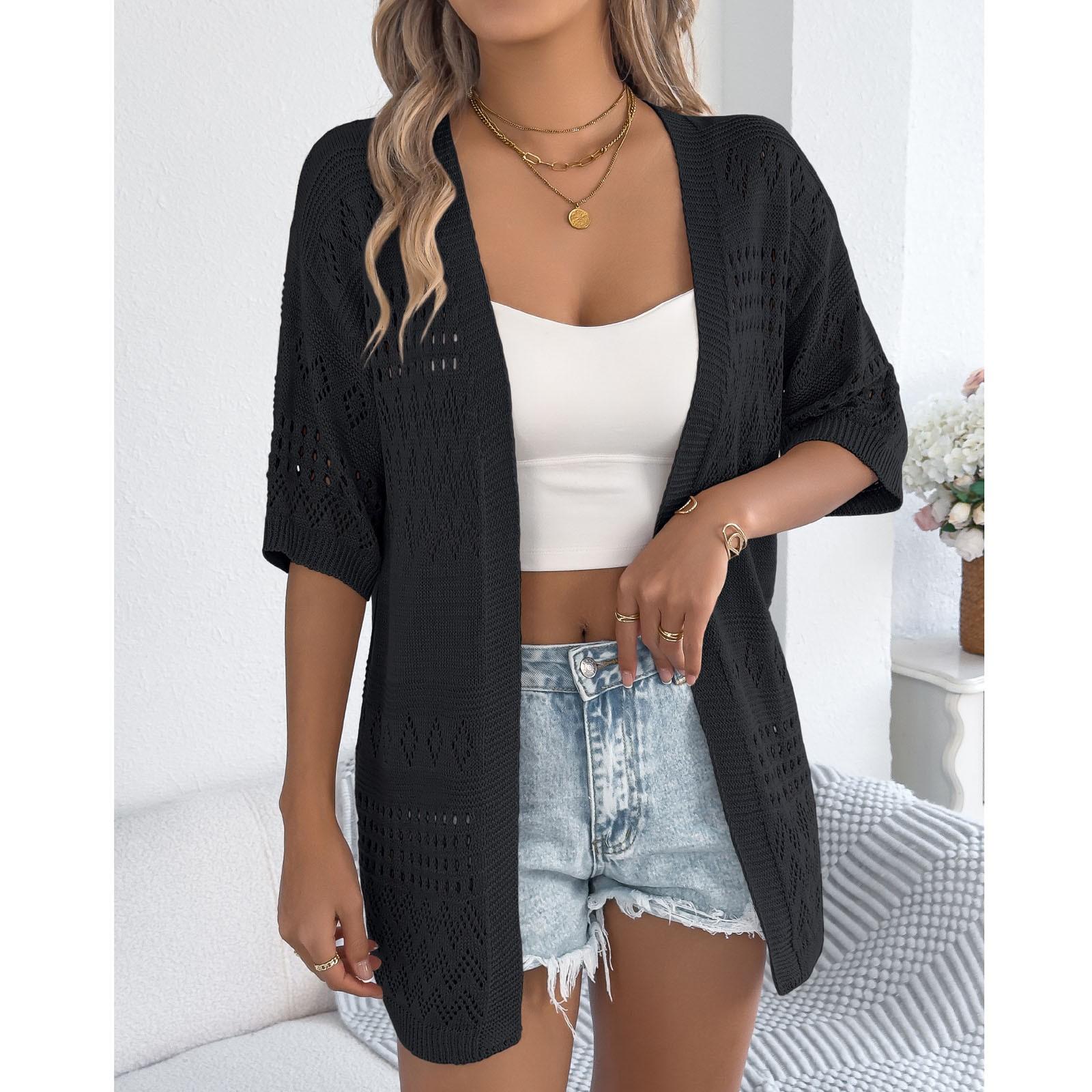 

Женский повседневный и модный однотонный вязаный кардиган с вырезом и средним рукавом XXL чёрный