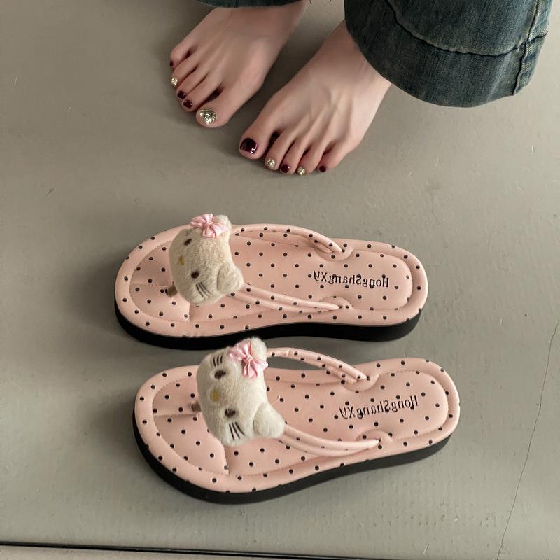 Fashion versatile polka dot kitten flat flip-flops women wear cute cartoon non-slip foot-pinch thick-soled sandals in summer
