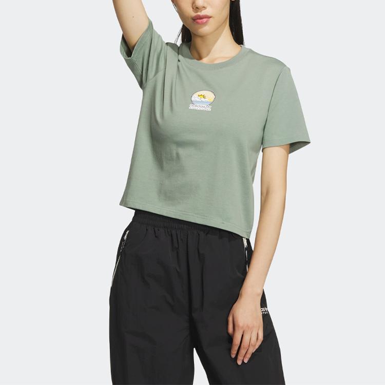 Adidas Originals Trefoil Cartoon Print Round Neck Sports Short Sleeve T-Shirt Women Tops Silver-Grey Green IK8612