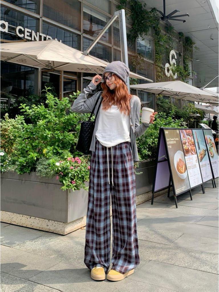 Damen Modische Karohose mit hohem Bund - Locker, Gerades Bein, Vielseitiger Herbststil