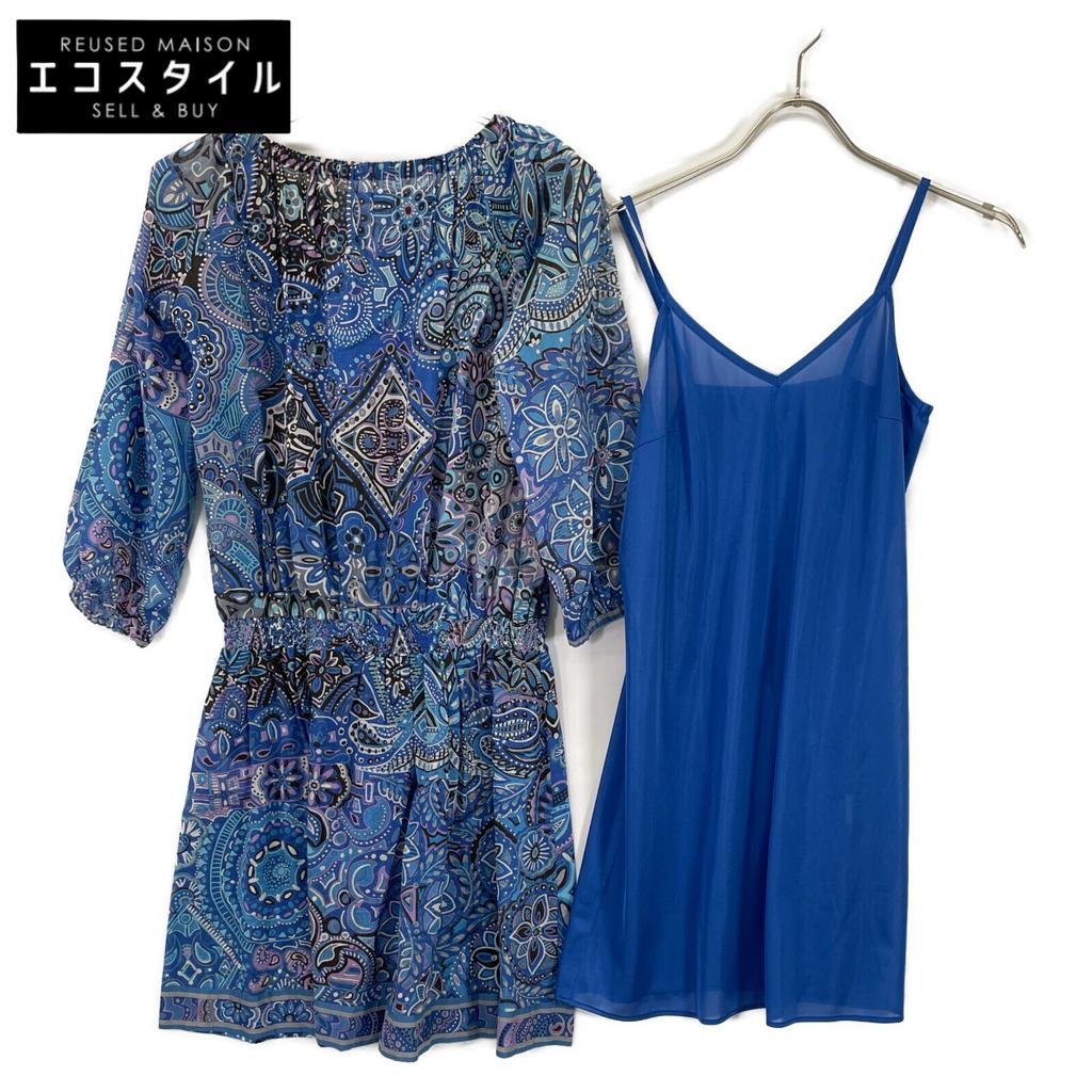 LEONARD 0330815 Blue Cotton Paisley All-Over Pattern Half Sleeve Gathered One Piece Dress 36 blueUsed