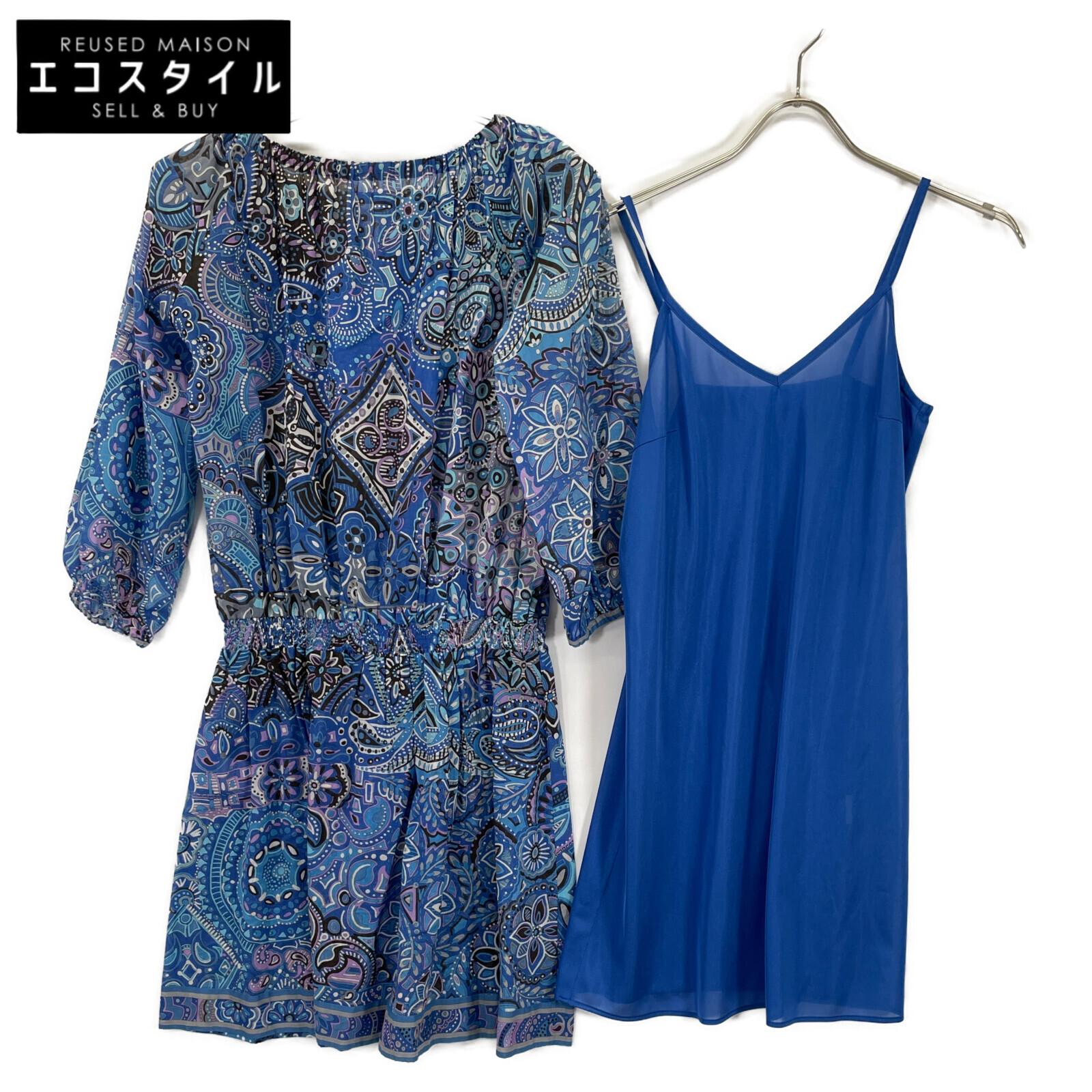 

LEONARD 0330815 Blue Cotton Paisley All-Over Pattern Half Sleeve Gathered One Piece dress 36 blueUsed