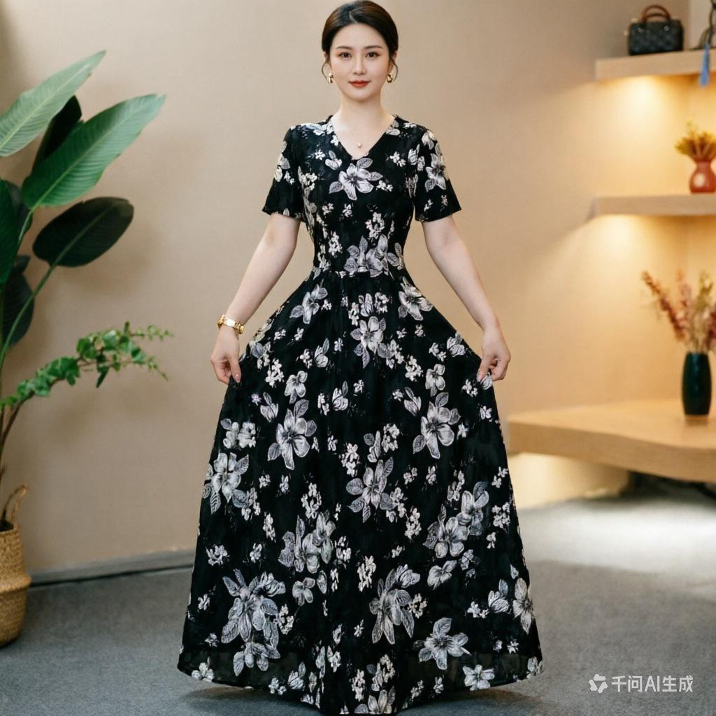 Summer New Short Sleeve Floral Dress Fashion Waist Skinny Skirt Temperament Mom Knee Long Dress