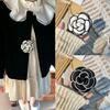 Black & White Camellia Fabric Brooch - 9cm Floral Lapel Pin