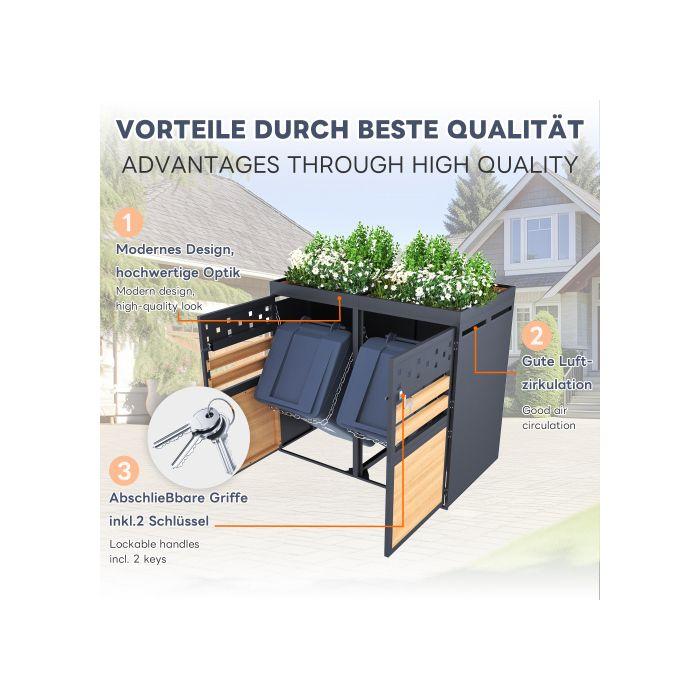 4-bin Waste Bin with Green Lid, 120-240 Liters, Anthracite Gray, Wood-effect Door