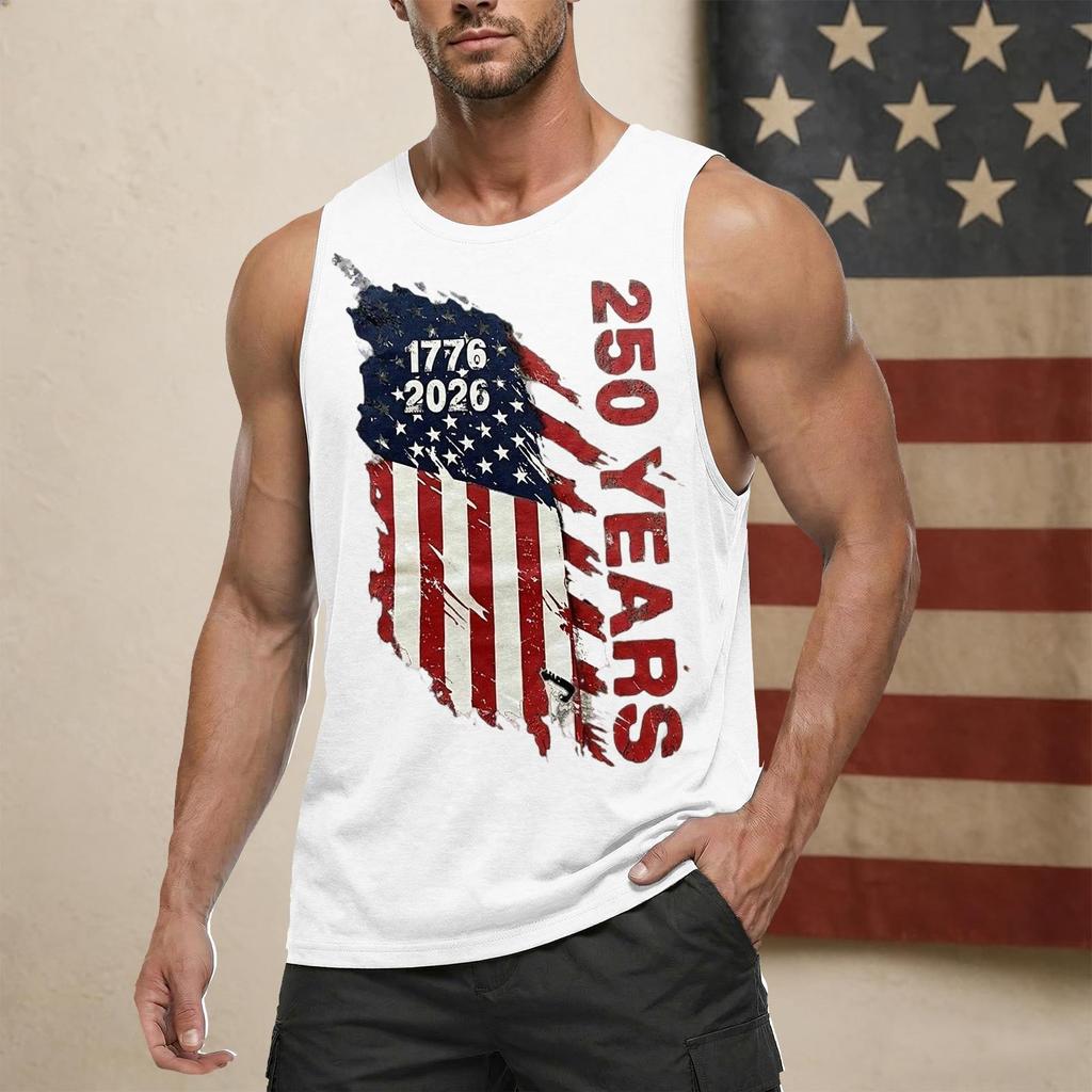 Men's Sleeveless Casual Tank Top Crew Neck Graphic Print 250 Years Independence Commemorative Design Lightweight Summer Shirt