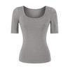 Micro-transparent U-neck medium-sleeved T-shirt women's summer new American Spice Girl solid-color slim-fitting front shoulder and bottom top