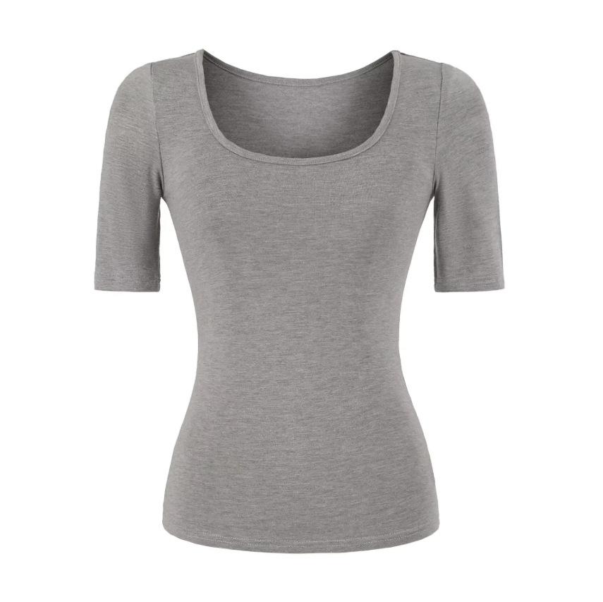 Micro-transparent U-neck medium-sleeved T-shirt women's summer new American Spice Girl solid-color slim-fitting front shoulder and bottom top