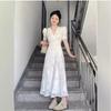 French White Lace Bubble Sleeve Dress Women's Summer New High-end Waist Gentle Short-sleeved Long Skirt