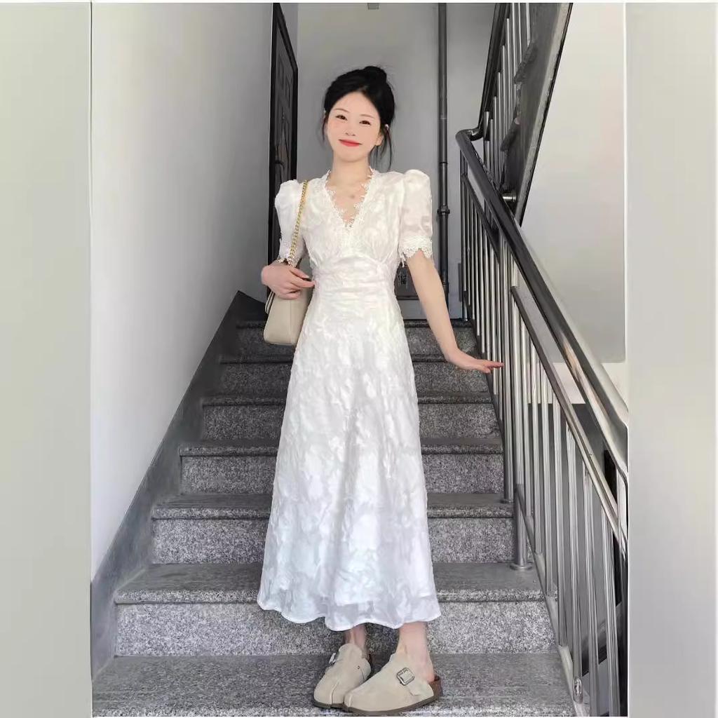French White Lace Bubble Sleeve Dress Women's Summer New High-end Waist Gentle Short-sleeved Long Skirt