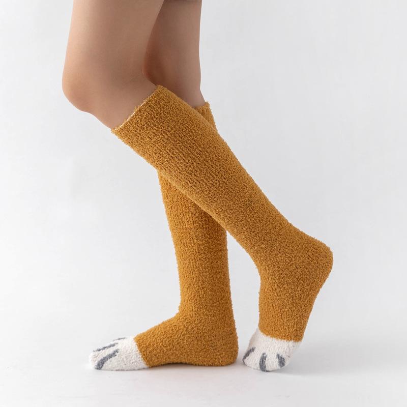 College Style Thicken Coral Fleece Cat Paw Calf Socks For Women Autumn Winter Warm Long Tube Socks Home Sleeping Floor Socks
