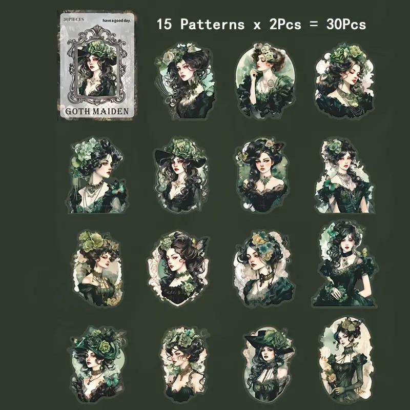 30-Piece Vintage Gothic Girl Sticker Set - Retro DIY Collages, Scrapbooks, Planners & Journals -Diverse Character Artistic Decor