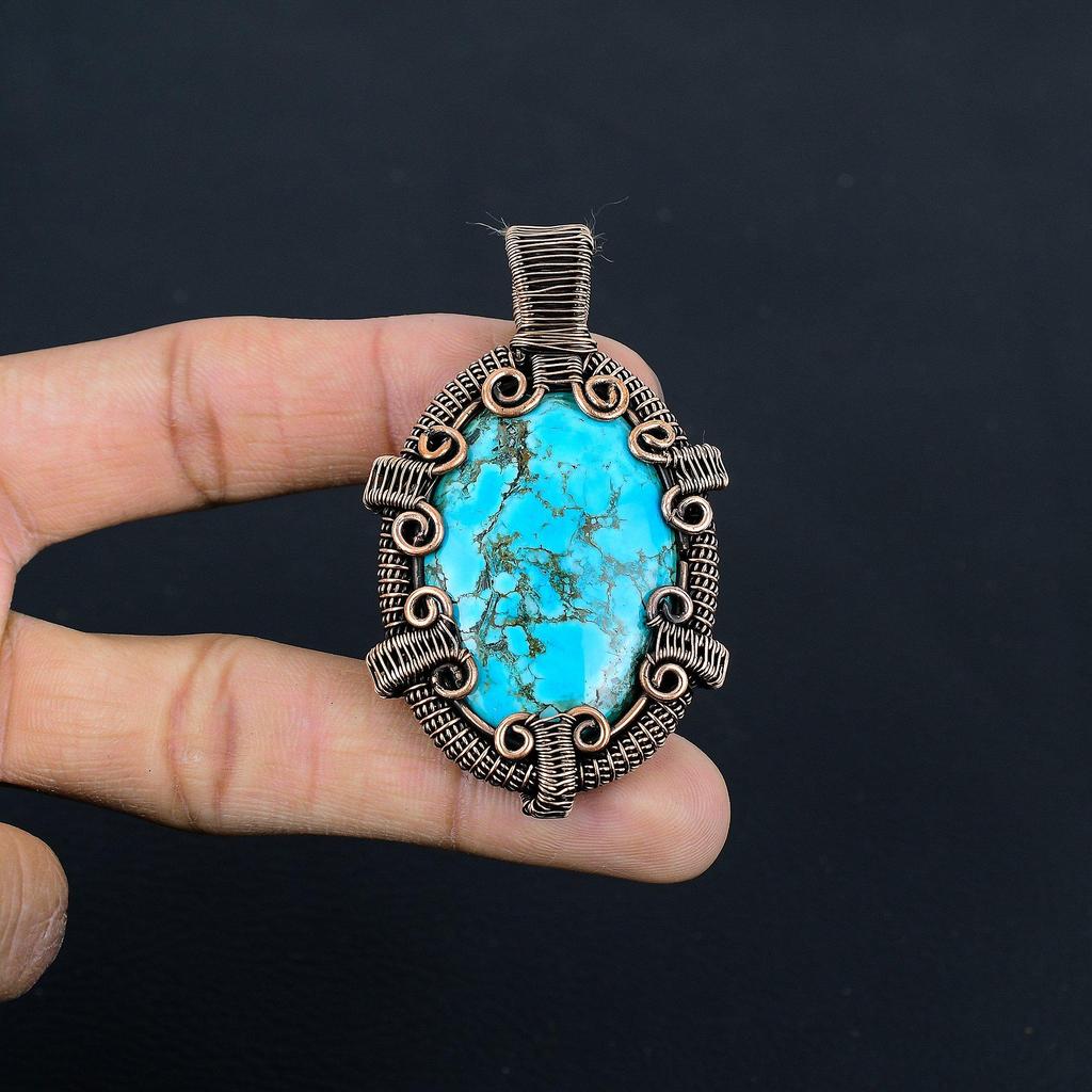 Tibetan Turquoise Pendant, 999 Copper Wire Wrapped Gemstone Jewelry, Handmade Pendant, For Thanksgiving
