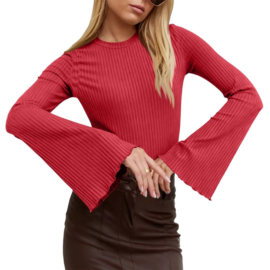 Dámský módní jednobarevný top s dlouhým rukávem a rozšířenými rukávy