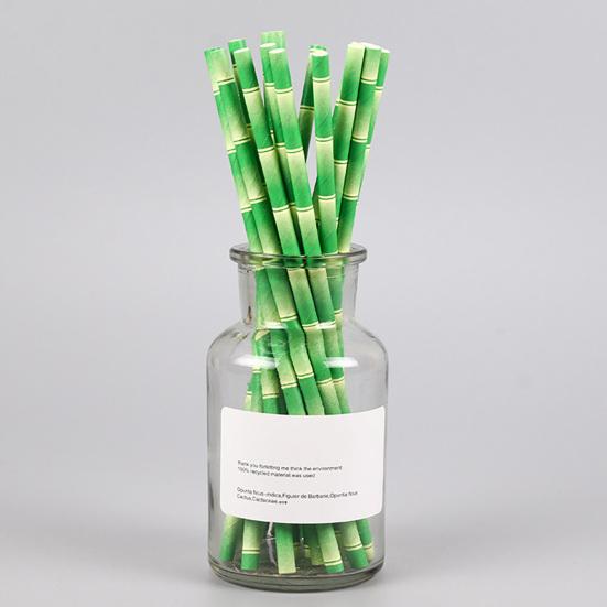 50Pcs Paper Straw Flat Mouth Bright Color Bamboo Pattern No Odor Eco-friendly Drinking Long Tropical Party Beverage Straw for Club