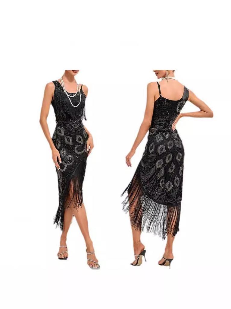 1920s Retro Sequin Tassel Midi Evening Dress