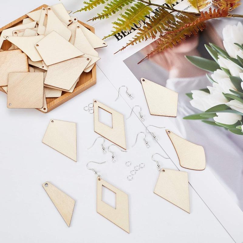 Unfinished Wooden Earrings Blank 60pcs 6 Styles Rhombus Natural Wood Drop Dangles with 60pcs Earring Hooks 60pcs Jump Making Kit