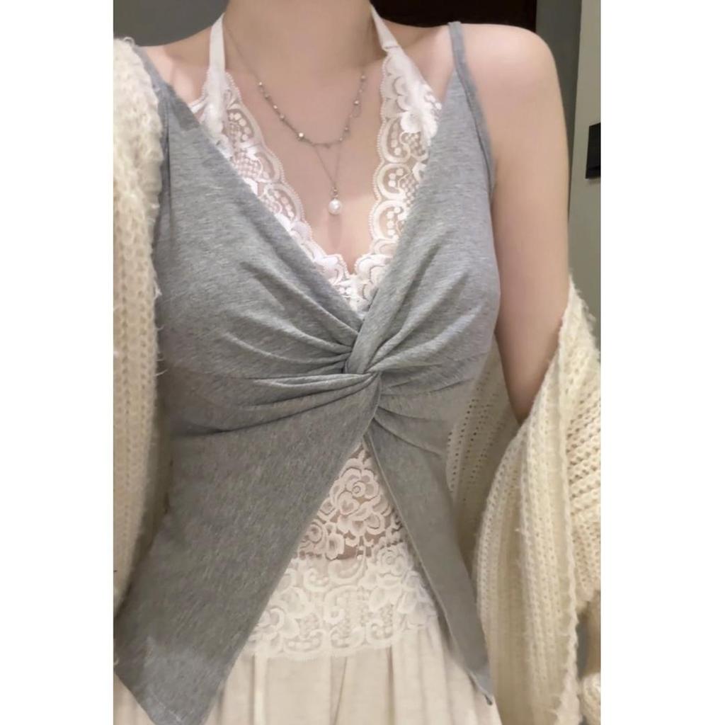 French lace design sense pure desire fake two pieces neck adjustable back v-neck sleeveless suspender women's top