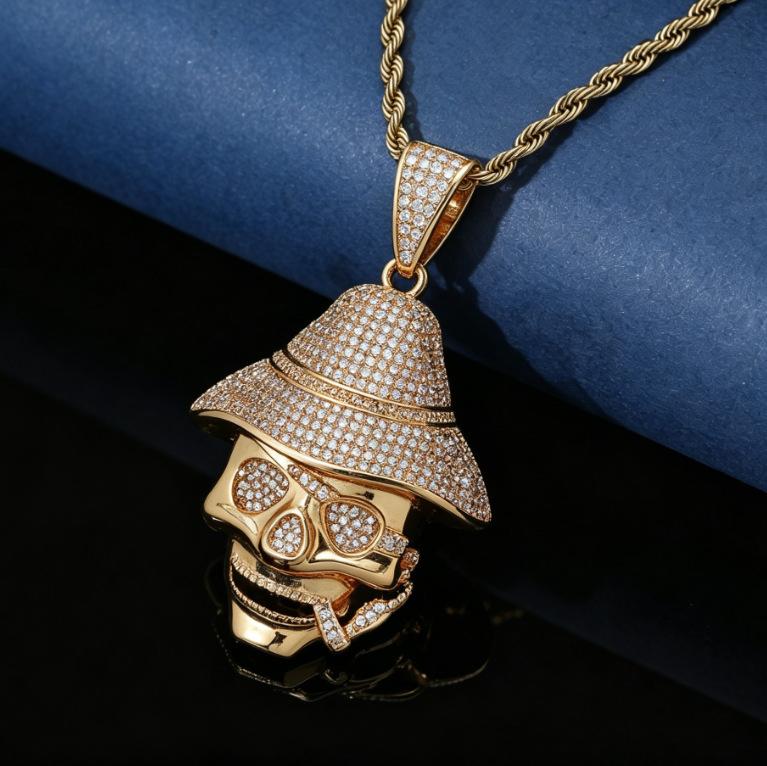 Lebi Pirate Skull Full Diamond Copper Set Zircon Pendant Twist Chain Hip Hop Men'S Necklace