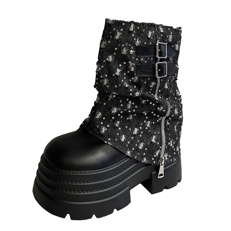 

10СМ Осенне-зимние массивные короткие ботинки Женские парусиновые туфли на высоком каблуке до середины икры Кожаные кроссовки Тренд Пряжка Мотоциклетные ботинки Зимняя обувь 34 чёрный