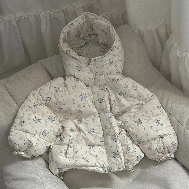 Mädchen Daunenjacke Winterkleidung Kleine frische Blumen Kapuzen weiße Entendaunen warme Jacke Flut